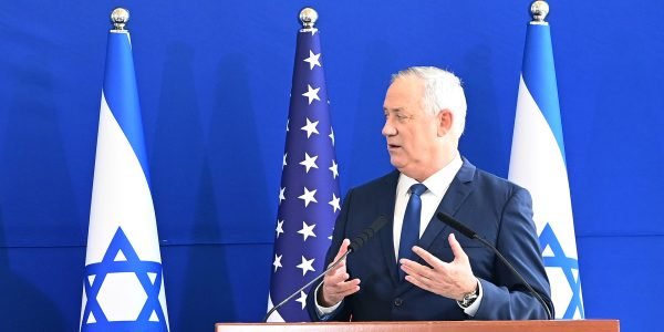 U.S. Secretary of Defense Lloyd J. Austin III and Israeli Alternate PM and Defense Minister Benny Gantz deliver statements at the Israeli Ministry of Defense in Tel Aviv, April 11, 2021. Photo credit:  Matty Stern/U.S. Embassy Jerusalem