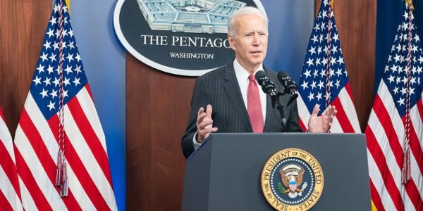 President Joe Biden, joined by Vice President Kamala Harris and Secretary of Defense Lloyd Austin, delivers remarks during a press conference Wednesday, Feb. 10, 2021, at the Pentagon in Arlington, Virginia. (Official White House Photo by Adam Schultz)