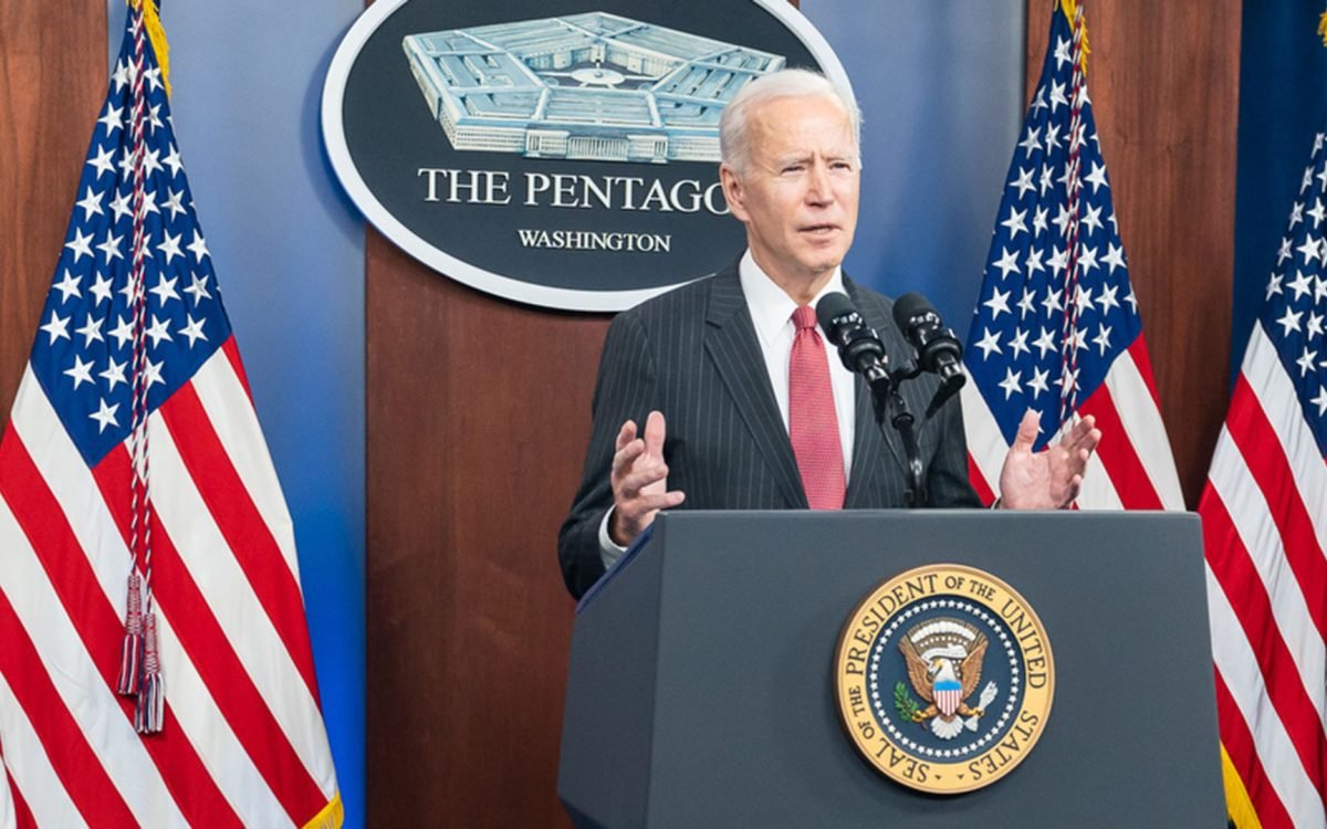 President Joe Biden, joined by Vice President Kamala Harris and Secretary of Defense Lloyd Austin, delivers remarks during a press conference Wednesday, Feb. 10, 2021, at the Pentagon in Arlington, Virginia. (Official White House Photo by Adam Schultz)